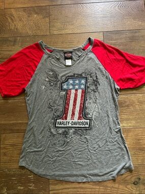 Harley-Davidson Gray Raglan Tee with Red Sleeves and Stars-Stripes Graphic